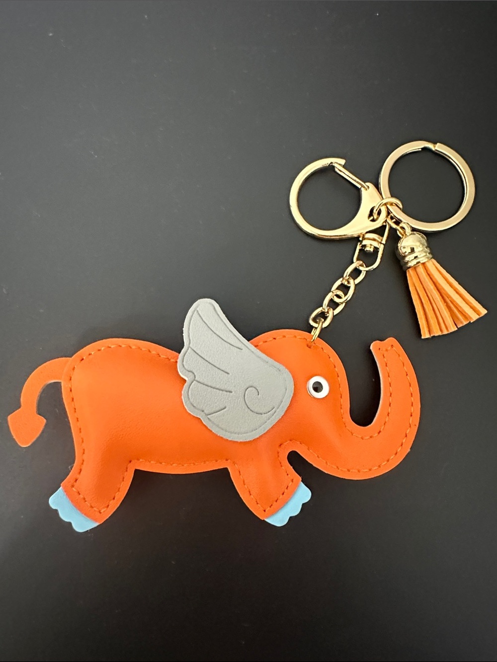 Orange & Teal Elephant Keychain Bag Charm w Gray Wings & Gold Hardware.New!